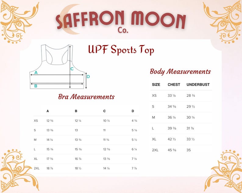 以下が含まれることがあります： UPF 日焼け止め機能付きスポーツトップのサイズチャート。チャートは、インチ単位の胸囲とアンダーバストの測定値、およびインチ単位のブラジャーの測定値を示しています。チャートには、XS、S、M、L、XL、2XL のサイズが含まれています。