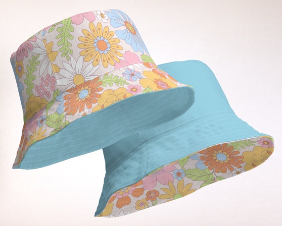 Spring Flower Bucket Hat, Light Blue Double-sided Reversible Sun