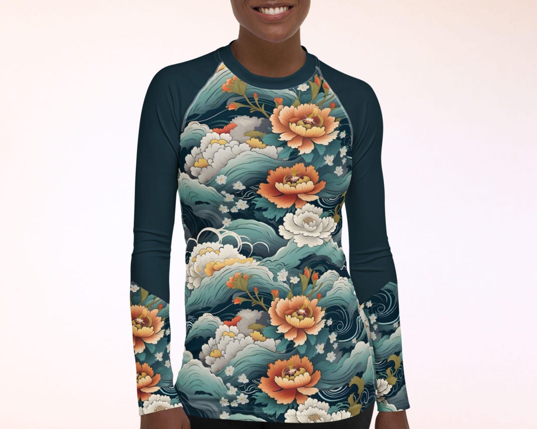 Japanese UPF 50+ Rash Guard, Teal Blue Green With Rust Peony Flower ...