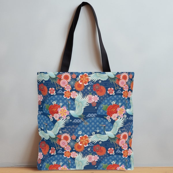 Asian Crane Tote Bag, Japanese Sakura Kimono Print, Blue Oriental Shoulder Bag, Floral Beach Bag, Cute Reusable Shopping Bag, Muti Use Tote