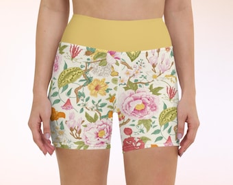 Floral UPF 50+ Swim Shorts, Harvest Yellow & Chinoiserie Print, Soft Stretchy Breathable High Waist UV Sun Protection Beach Fitness Trunks