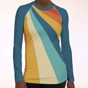 Teal Retro UPF 50+ Rash Guard, Mustard Yellow & Sunburst Orange Rays, Soft Breathable UV Sun Protection Swim Gym Athleisure Sport Shirt