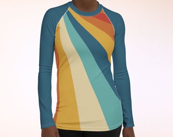 Teal Retro UPF 50+ Rash Guard, Mustard Yellow & Sunburst Orange Rays, Soft Breathable UV Sun Protection Swim Gym Athleisure Sport Shirt