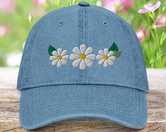 Daisy Baseball Cap, 60s Flower Power Embroidery, Adjustable 100% Cotton Denim Sun Visor Hat in 3 Colors, Outdoors Gardening Hiking Beach