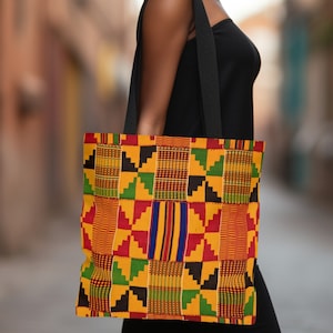Kente Cloth Tote Bag, Gold Red Black Green Ethnic African Tribal Textile Print, Multi-Use Shoulder Bag, Unisex Purse, Reusable Shopping Bag