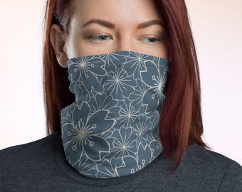 Japanese Sakura Sports Gaiter, Steel Grey & Cherry Blossom Outline, UPF50+ Neck Buff Tube Scarf, Breathable UV Protection Face Covering Mask