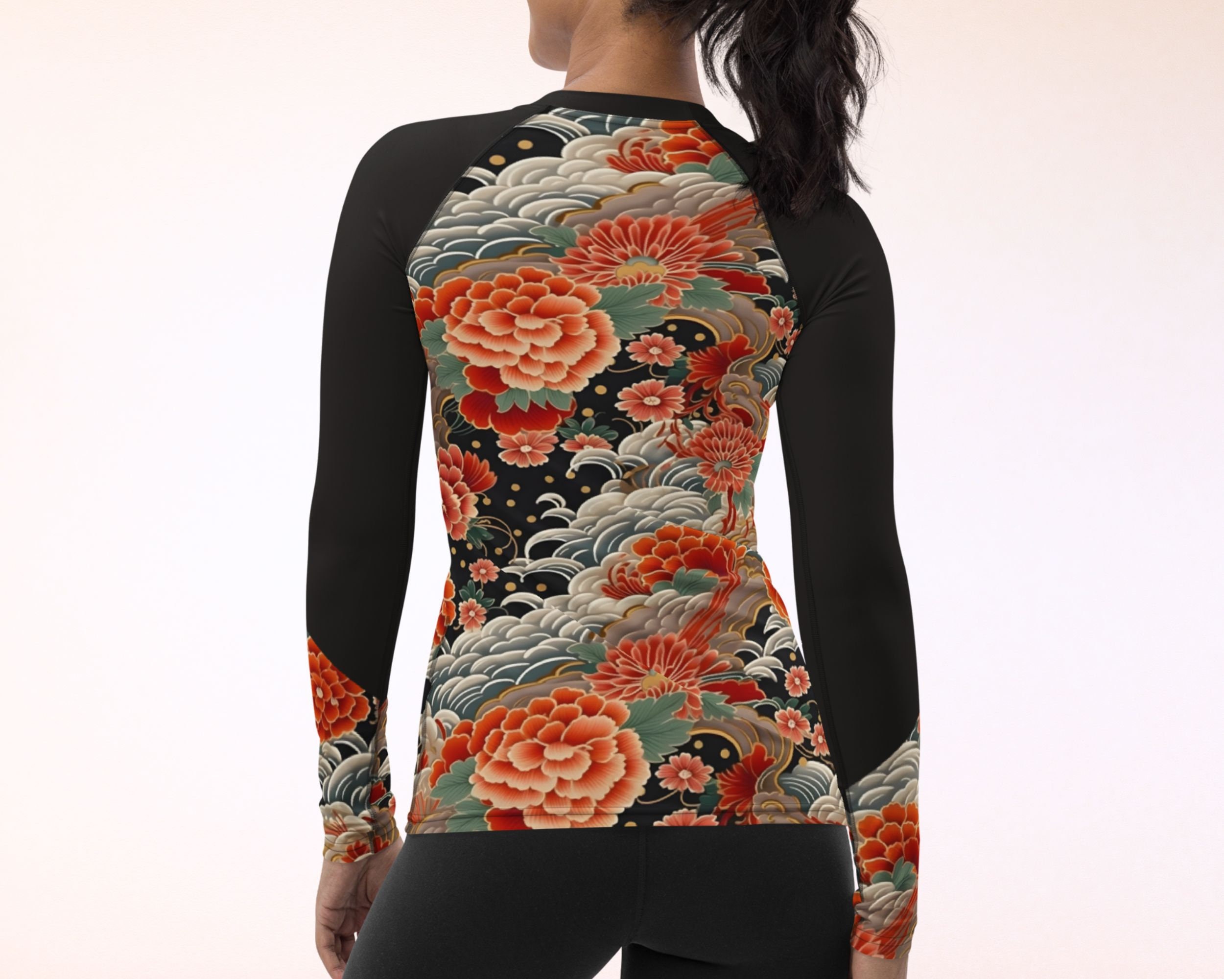 Japanese UPF 50+ Rash Guard, Black & Red Vintage Kimono Peony Floral ...