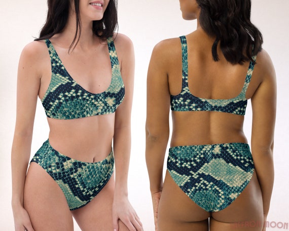 Green Snakeskin Swimsuit Faux Snakeskin Print High Waist 2 piece Cheeky Bikini Soft Recycled Eco poly Bathing Suit Mix Match Separates Etsy