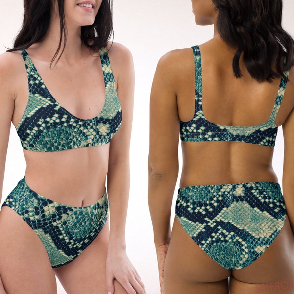 Green Snakeskin Swimsuit, Faux Snakeskin Print, High Waist 2-Piece Cheeky Bikini, Soft Recycled Eco-Poly Bathing Suit, Mix & Match Separates