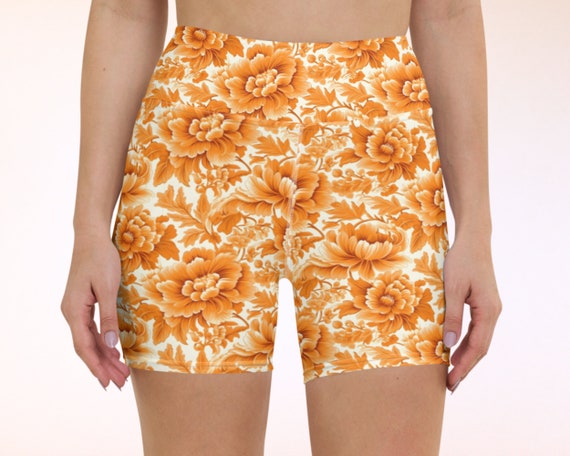 Floral UPF 50+ Swim Shorts, Orange & White Jacobean Flower Print, Soft Stretchy Breathable UV Sun Protection SUP Surf Gym Fitness Trunks
