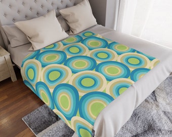 50s 60s Throw Blanket, Silky Soft Lightweight Minky Blanket, Baby Blue & Lime Green Geometric Circle Print, Bohemian Bedding, Retro Home
