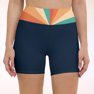 Navy Blue UPF 50+ Swim Shorts, 70s Groovy Retro Rays, Soft Stretchy Breathable High-Waist UV Sun Protection Beach Gym Fitness Trunks