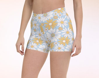 Daisy UPF50+ Swim Shorts, Blue White & Harvest Yellow Floral Print, Soft Stretchy Breathable Mid-Rise UV Sun Protection Beach Fitness Trunks
