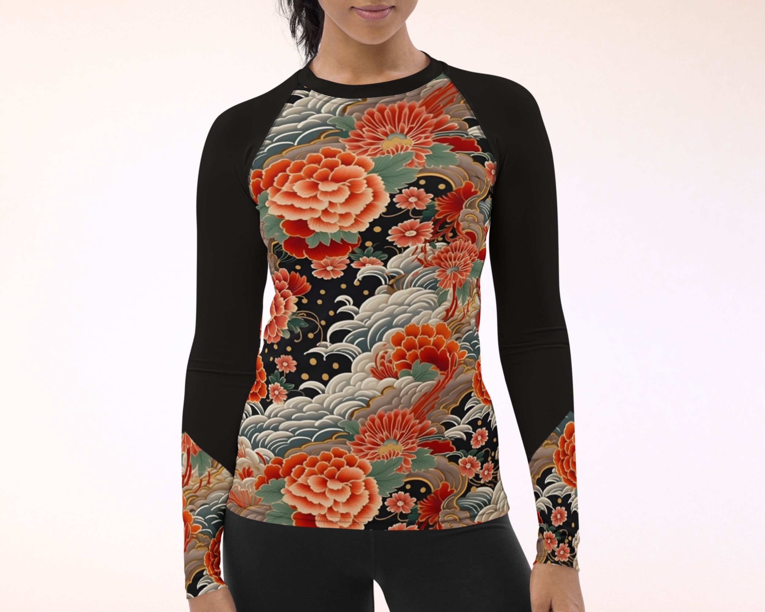 Japanese UPF 50+ Rash Guard, Black & Red Vintage Kimono Peony Floral ...