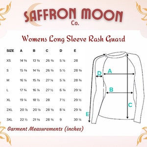 May include: A size chart for a long-sleeved rash guard with measurements in inches. The chart shows the size, bust, waist, hip, sleeve length, and total length in inches.