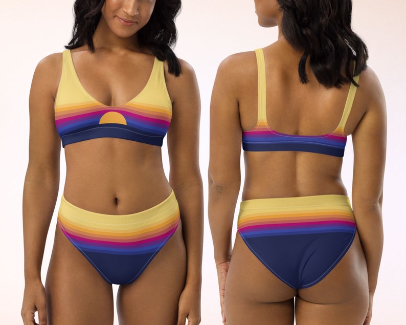May include: A yellow, orange, pink, and blue striped bikini with a sunset design. The top has a scoop neck and the bottom is high-waisted.