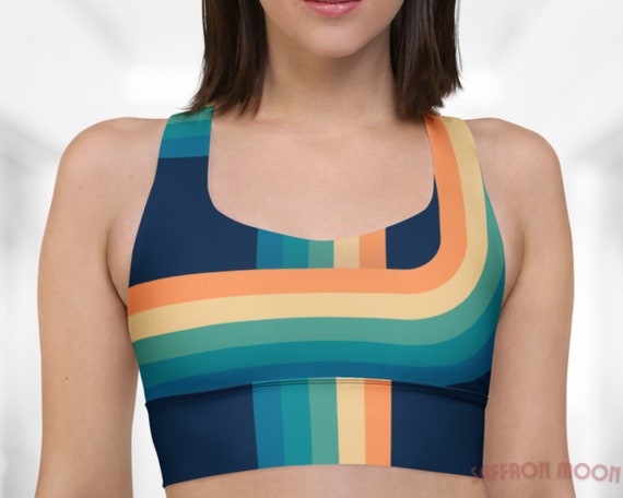 High-impact Sports Bra, Navy Blue With 70s Rainbow Racer Stripes,  Compression Fabric Longline Fitness Top, Running Gym Dance Yoga Athleisure  