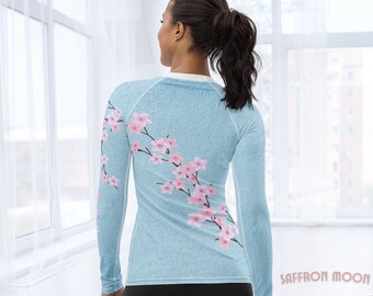 Cherry Blossom UPF 50+ Rash Guard, Sky-Blue & White, Pink Sakura Floral Print, Soft Breathable UV Sun Protection Swim Gym Sport Shirt