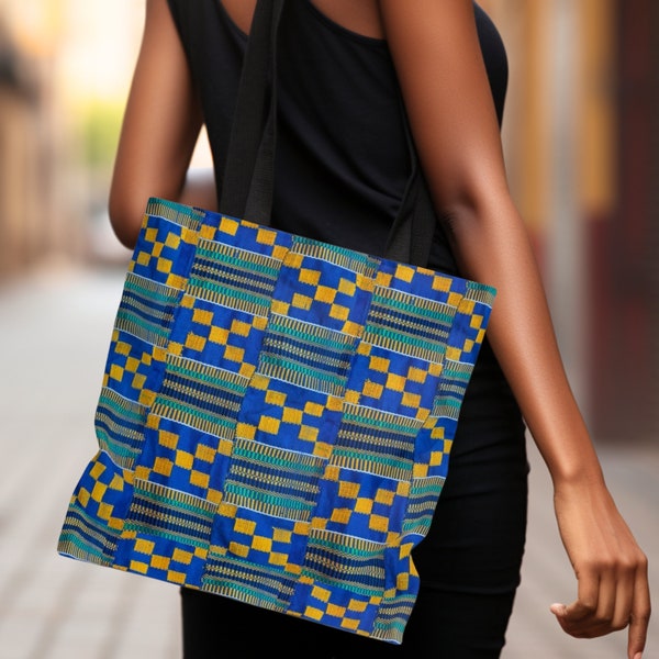 Ghana Kente Cloth Tote Bag, Blue & Gold African Tribal Textile Print, Ethnic Unisex Shoulder Bag Purse, Beach Bag, Reusable Shopping Bag