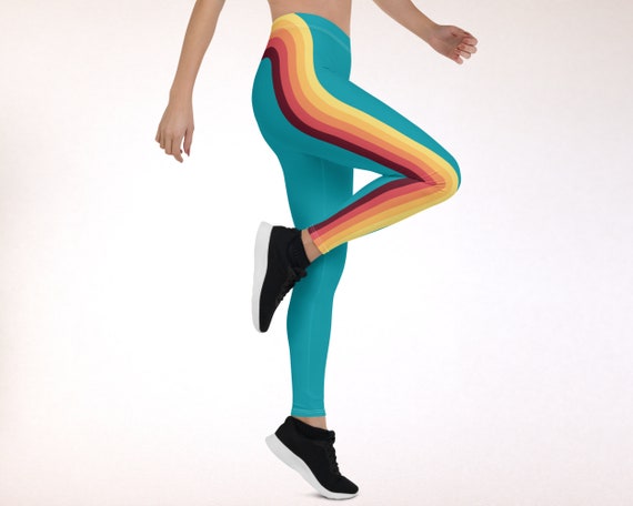 Sporty Turquoise Leggings, Red Orange Yellow Retro Curve Enhancing Side  Stripes, Mid-rise UPF Stretch Pants for Yoga Fitness & Athleisure 