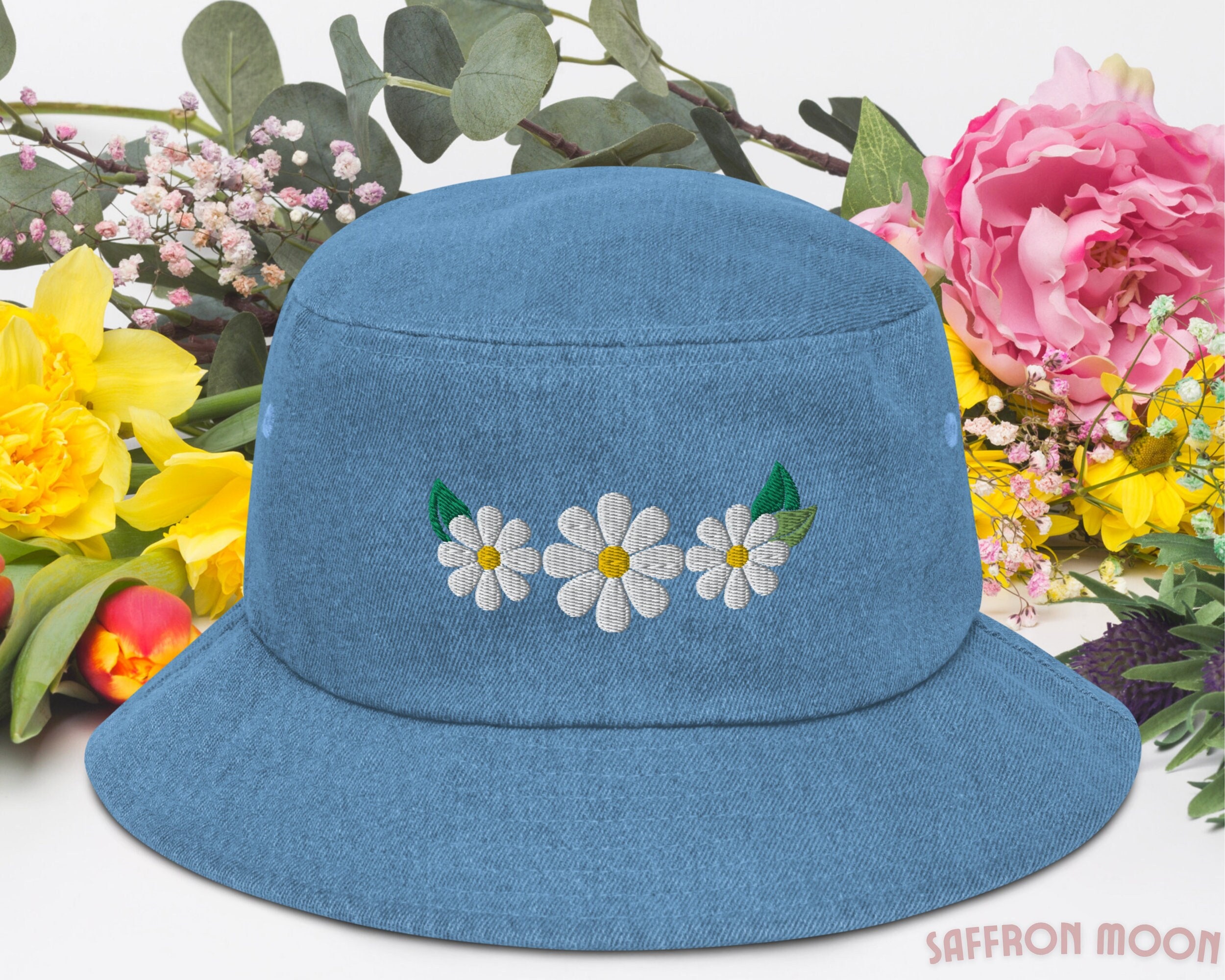 Denim Cotton Bucket Hat with Daisy Embroidery for Outdoor Activities Custom Hand Embroidery Floral Bucket Hat, Daisy Bucket, Wash  main image 3