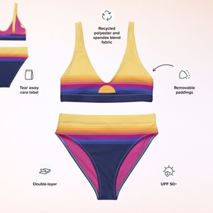 May include: A yellow, blue, and pink striped bikini with removable padding. The bikini is made from recycled polyester and spandex blend fabric and has a double-layer design. The bikini also has a tear-away care label and offers UPF 50+ sun protection.