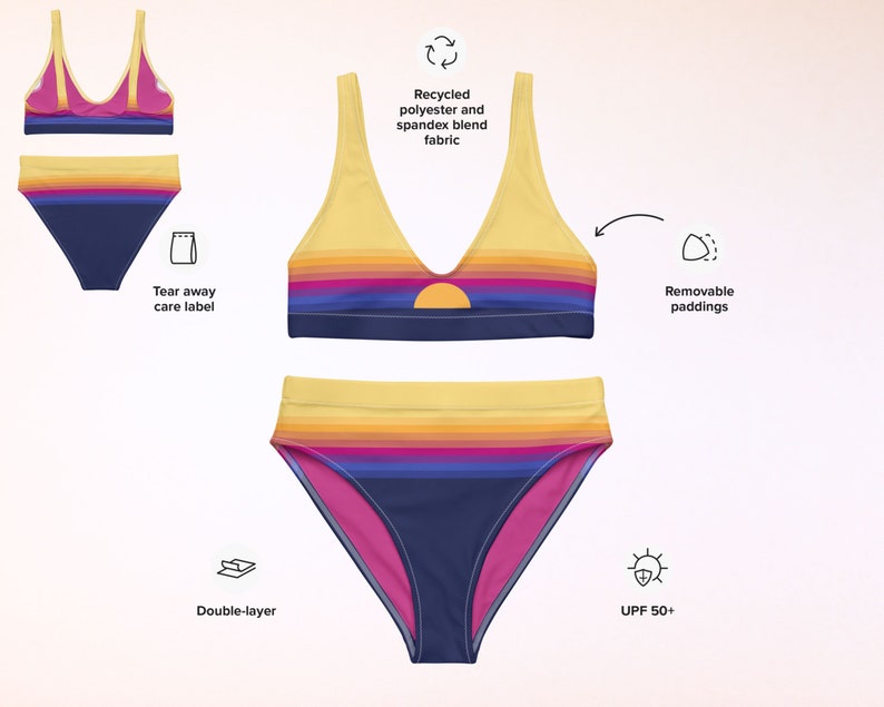 May include: A yellow, blue, and pink striped bikini with removable padding. The bikini is made from recycled polyester and spandex blend fabric and has a double-layer design. The bikini also has a tear-away care label and offers UPF 50+ sun protection.