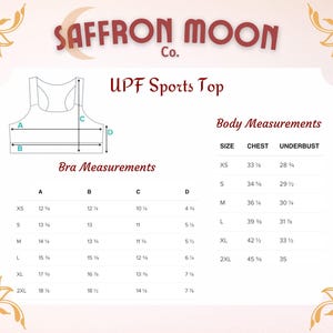 May include: A size chart for a sports top with UPF sun protection. The chart shows measurements for the chest and underbust in inches, as well as bra measurements in inches for different sizes, from XS to 2XL.
