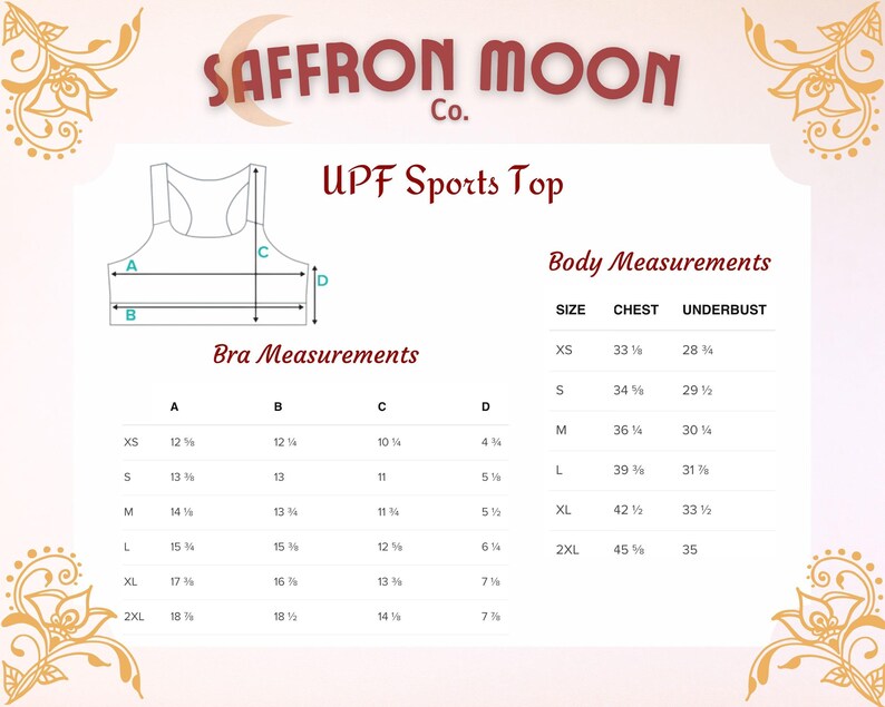 May include: A size chart for a sports top with UPF sun protection. The chart shows measurements for the chest and underbust in inches, as well as bra measurements in inches for different sizes, from XS to 2XL.