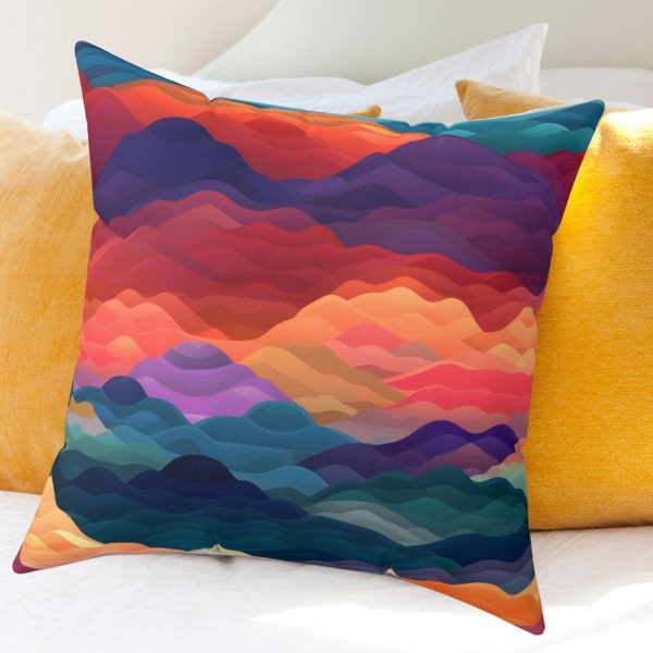 Mountain Sunset Throw Pillow, Rich Purple Green Orange Blue Wavy Abstract Print, Soft Colorful Accent Cushion, Maximalist Bedding Home Decor