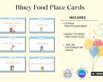 Cartes de table pour fête d'anniversaire Bluey avec nourriture, tentes gratuites sur Canva