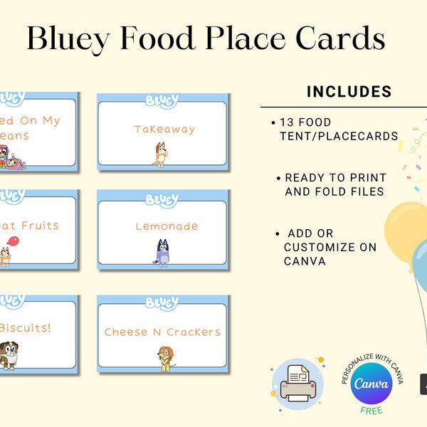 Bluey Birthday Party Food Place Cards Food Tents Free on Canva