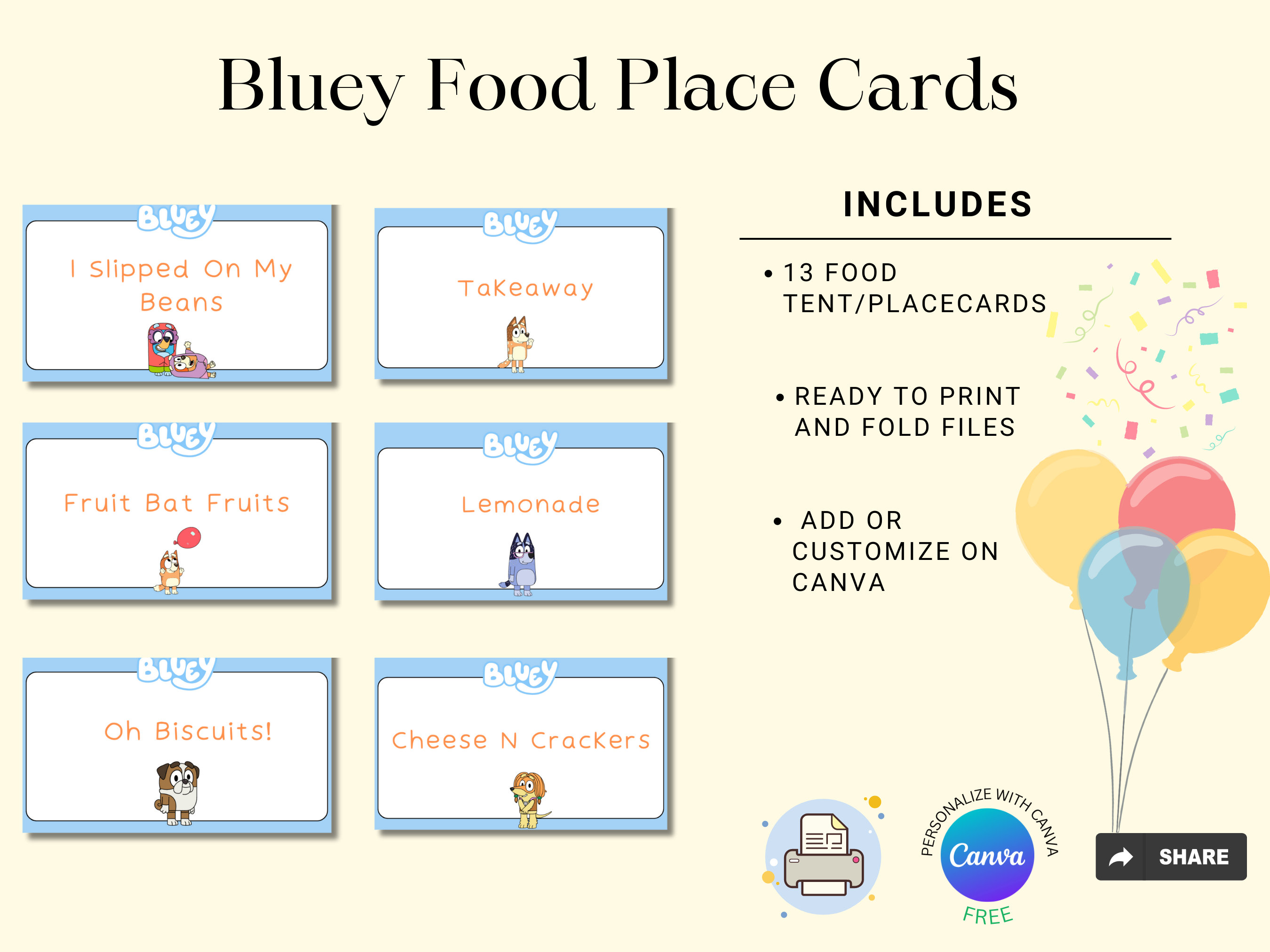 Complete Printable Editable Bluey Birthday Party Decoration and Game Kit  Includes Food Tents, Cupcake Toppers, Game, Invitation & Banner 