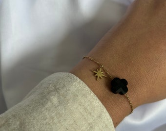 bracelet fleur cristal noir et doré ajustable