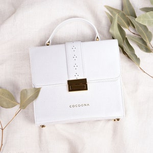 Pebbled White Leather Ceci Bag, Top Handle Bag, Christmas Gift for Her image 5