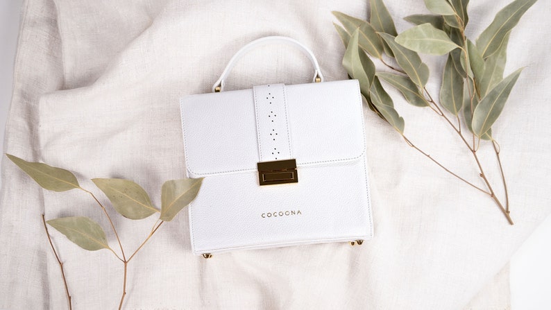 Pebbled White Leather Ceci Bag, Top Handle Bag, Christmas Gift for Her image 5