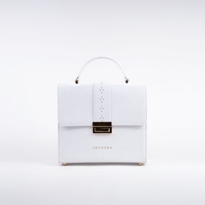 Pebbled White Leather Ceci Bag, Top Handle Bag, Christmas Gift for Her image 1