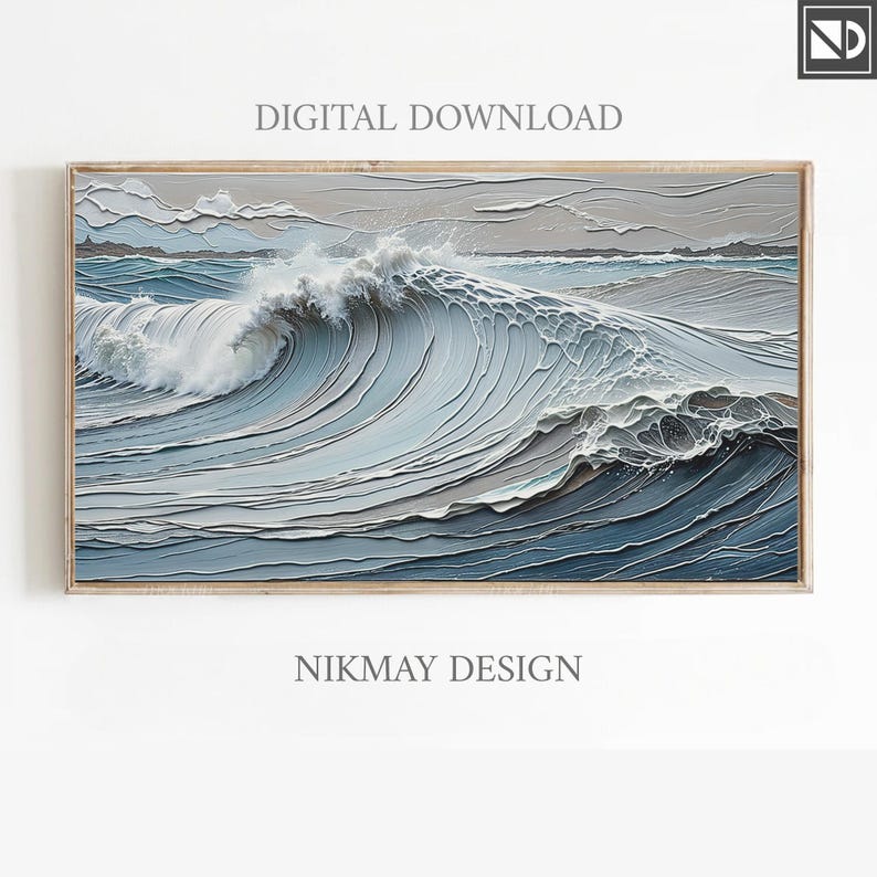 May include: A digital painting of a large ocean wave crashing in the sea. The wave is a light blue color with white foam at the crest. The water is a dark blue color. The painting is framed in a light wood frame.