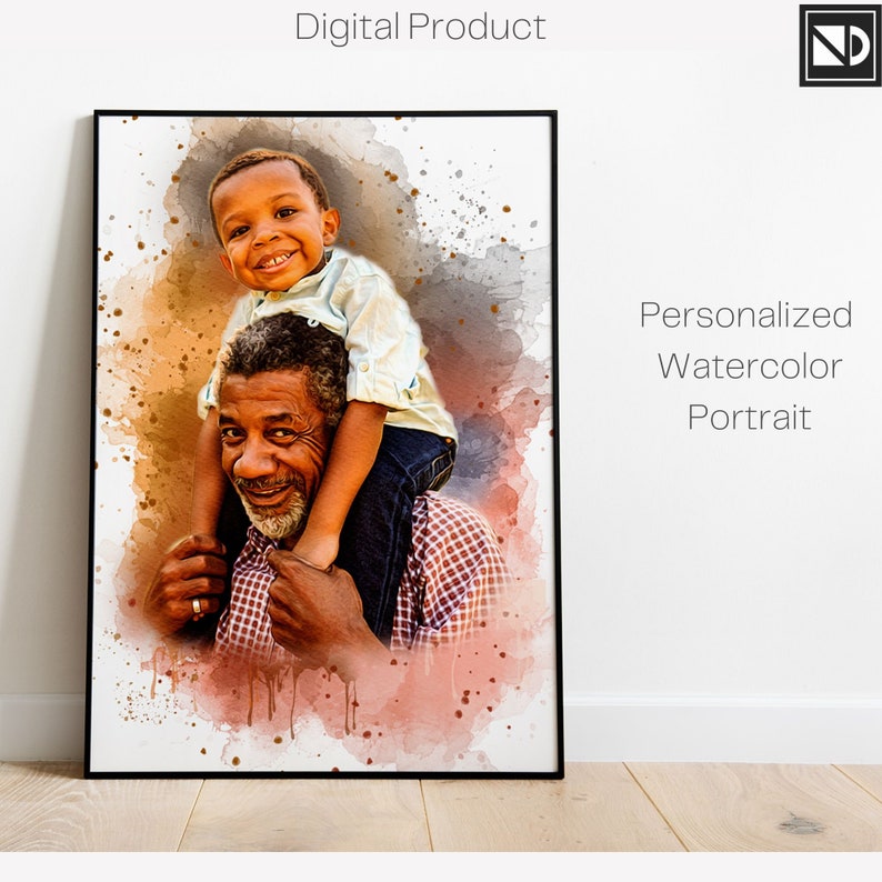 May include: A watercolor portrait of an older man and a young boy. The man is smiling and has a gray beard. The boy is sitting on the man's shoulders and is also smiling. The background is a soft watercolor wash of pink, orange, and brown.