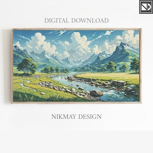 Watercolor Landscape Frame TV Art: Spring Mountain Scene (Digital Download)