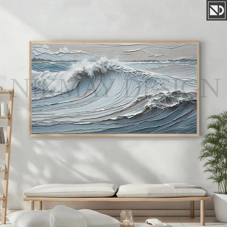 May include: A framed abstract painting of a large ocean wave in shades of blue and gray. The wave is depicted in a layered, textured style, creating a sense of depth and movement.