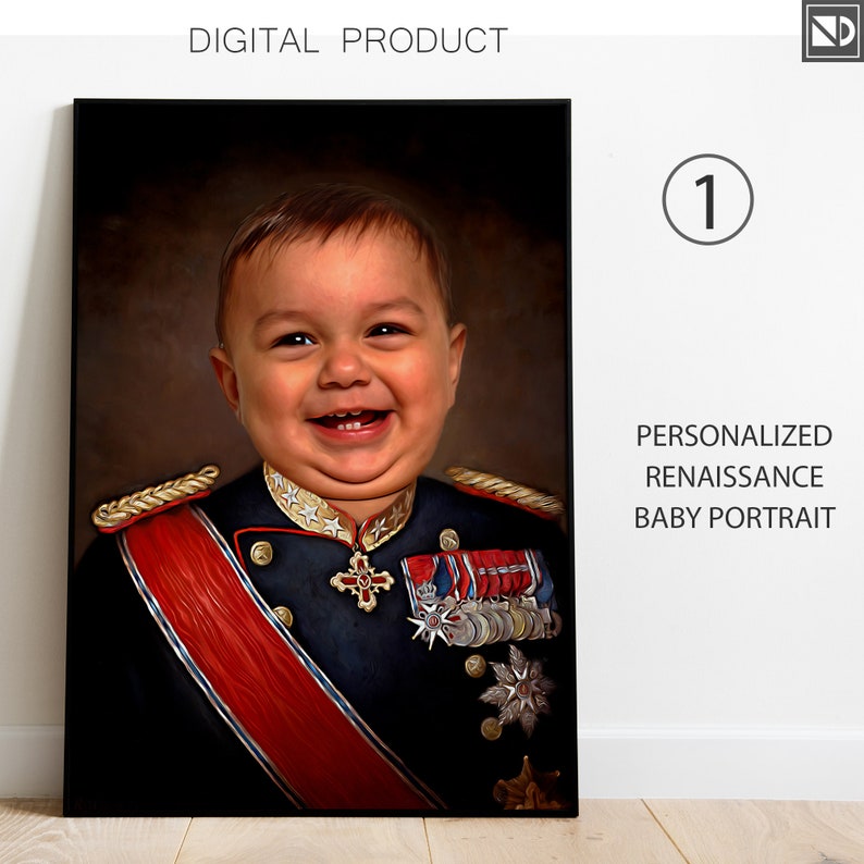 May include: A digital painting of a baby dressed in a Renaissance-style outfit, with a red sash and gold trim. The baby is smiling and has a chubby face. The painting is set against a dark brown background.