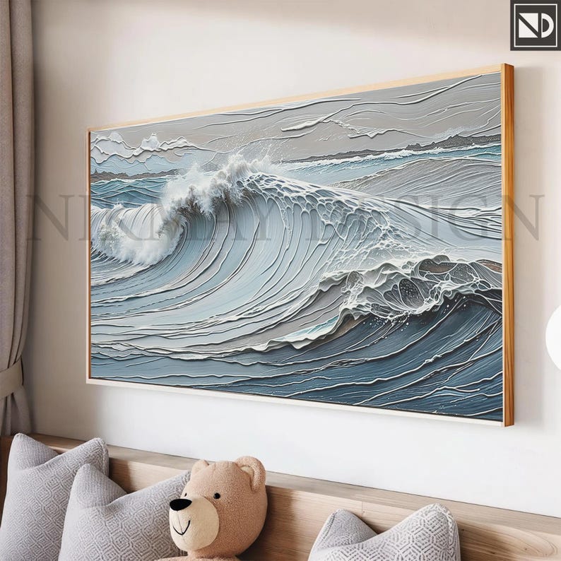 May include: A framed painting of a large ocean wave crashing in the sea. The wave is depicted in shades of blue and white, with a textured, almost 3D effect. The background is a light gray, suggesting a cloudy sky.