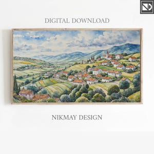 Watercolor Landscape Frame TV Art: Vintage Village View (Digital Download)