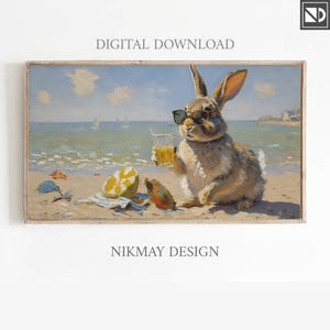 May include: A painting of a rabbit wearing sunglasses and holding a glass of orange juice on a beach. The rabbit is sitting on the sand with a lemon and a pineapple beside it. The background is a blue sky and ocean.