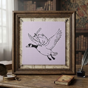 Frog on a goose cross-stitch pattern, funny beginner-friendly, silly goose embroidery pattern, simple humour, retro vector vibes, medieval