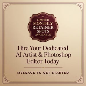 May include: A square graphic with a beige background and a dark red border. It features a dark red ornate badge with the text LIMITED MONTHLY RETAINER SPOTS AVAILABLE. Below, the text reads Hire Your Dedicated AI Artist & Photoshop Editor Today.