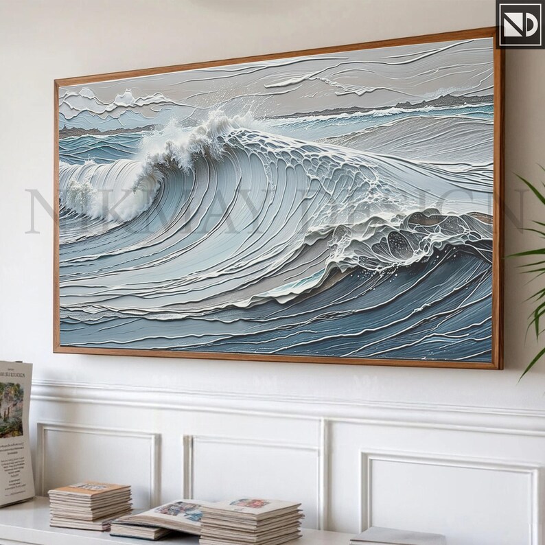 May include: A framed painting of a large ocean wave crashing in a blue and gray color scheme. The wave is depicted in a realistic style with detailed textures and highlights.