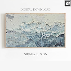 May include: Abstract digital art print of a mountain range with a blue and white color scheme. The mountains are made up of a series of geometric shapes and lines.