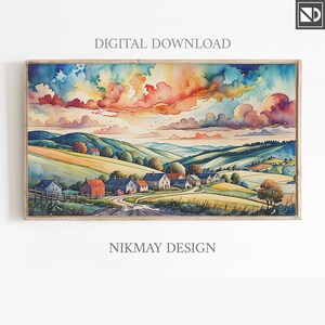 Watercolor Landscape Frame TV Art: Vintage Spring Countryside (Digital Download)